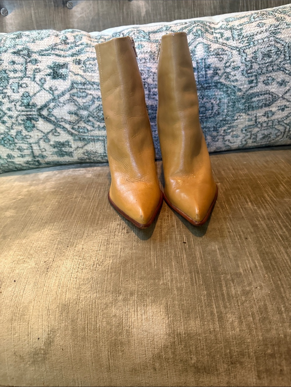 BCBG Women's Camel Pointed-Toe Leather Ankle Booties